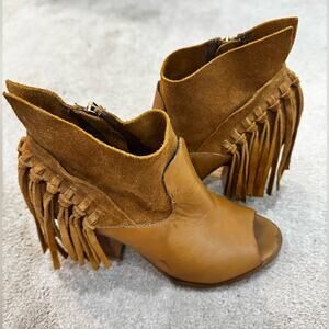 Mark Fisher Women's Tan Fring Peep-Toe Ankle Boots, size 7M